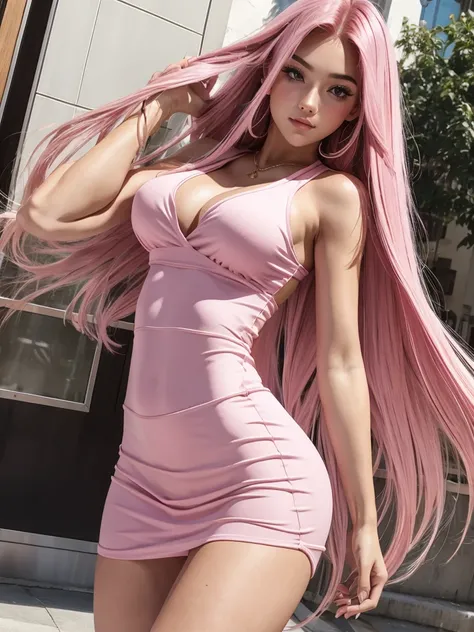 beautiful girl pink long hair . sexy outfit