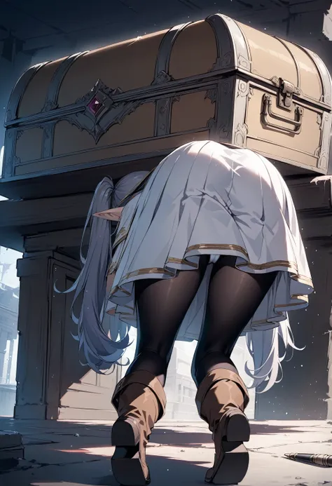 freezing, pointed ears, one girl, twin tails, gray hair, alone, black pantyhose tearing, boots, brown footwear, capelet, knee bo...