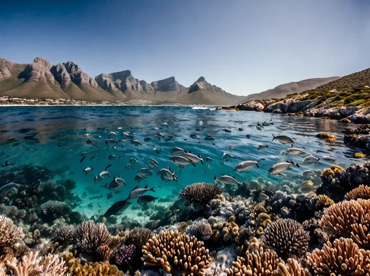 photo of marine life in the sea, south africa coast, outdoors, in the ocean, realistic scenery. very wide shot, landscape, film, professional, 4k