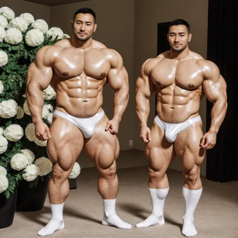 There is only one handsome Asian actor in the picture，35 years old，Tall and handsome, Toned body，short hair, O-Shaped Beard，Perfect body, Dark skin，Glowing skin，Smooth skin，The body is hairless，Muscle bulge, Muscular, Very large pectoral muscles，Very sexy ...