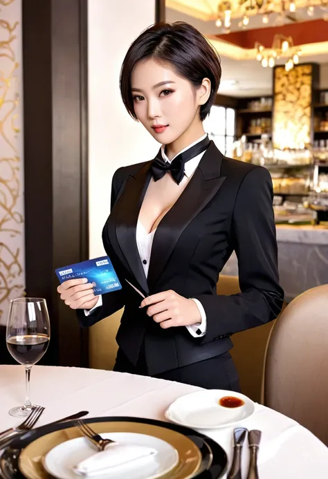 ai big breasts_human　asian　male性　　male　wild　short hair　short hair　formal attire　fine dining background　holding credit card