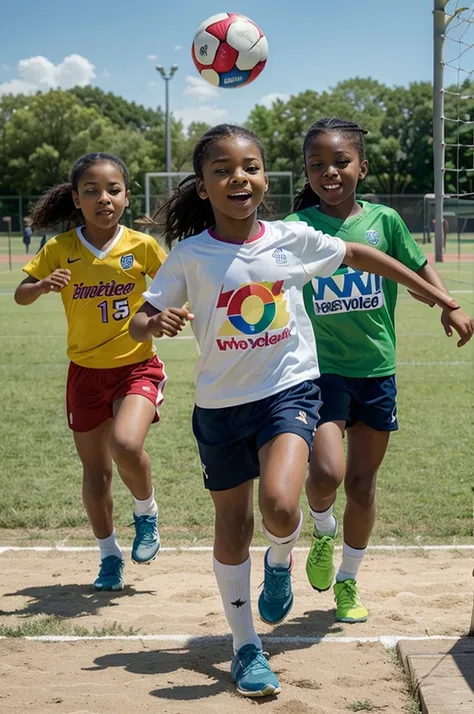 Create a vibrant 16:9 banner featuring children of diverse backgrounds actively participating in various sports activities. The scene should be lively and colorful, with children playing soccer, basketball, and running on a track. The background should inc...