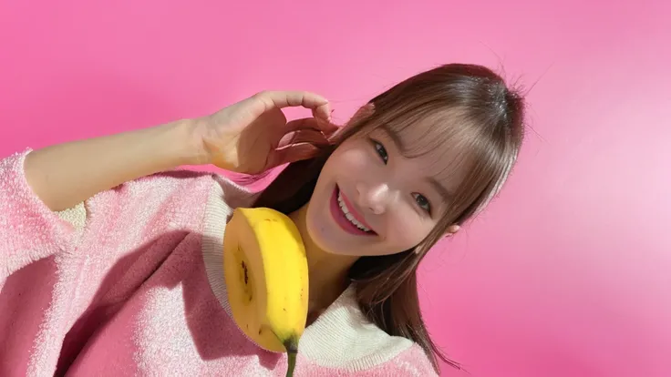 (Delicate face), (different face), (movie lighting), (ray tracing), (studio), (pink background), (textured skin), (4K), (best picture quality), (youthful vitality), (masterpiece), (detail), (full body distance), lively girl holding a banana, smiling at the...