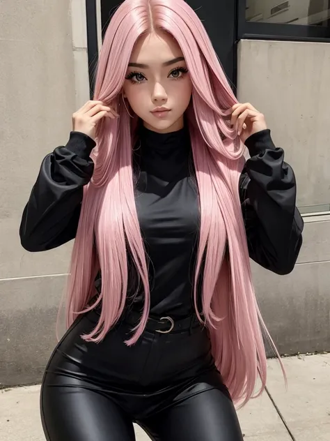 beautiful girl pink long hair . sexy black outfit