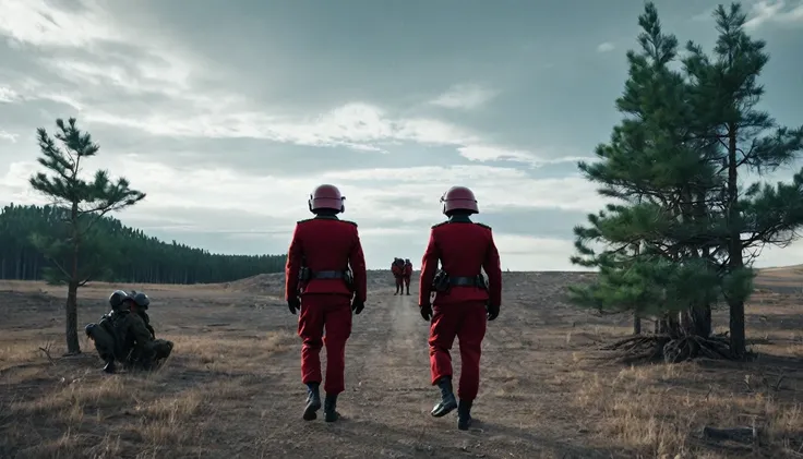 Soldiers in a dark red military uniform in a futuristic helmet near a military post in the middle of the steppe with some pine trees and a little drought, dark atmosphere