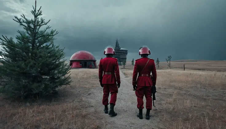 Soldiers in a dark red military uniform in a futuristic helmet near a military post in the middle of the steppe with some pine trees and a little drought, dark atmosphere