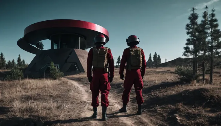 Soldiers in a dark red military uniform in a futuristic helmet near a military post in the middle of the steppe with some pine trees and a little drought, dark atmosphere