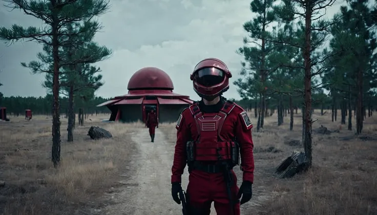 Soldiers in a dark red military uniform in a futuristic helmet near a military post in the middle of the steppe with some pine trees and a little drought, dark atmosphere