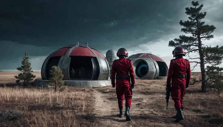 Soldiers in a dark red military uniform in a futuristic helmet near a military post in the middle of the steppe with some pine trees and a little drought, dark atmosphere