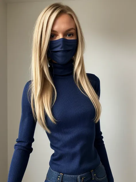 photo of a skinny blonde teen submissive wife, bob style hair, She wears: (turtleneck high ribbed dark blue tight sweater:1.1), submissive seductive pose, high tight ribbed neck, seductive smile, perfect fake tits, turtleneck top