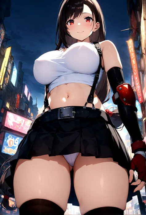 score_9, score_8_up, score_7_up,score_6, score_5,4k,BREAK , (from front:1),from below,breast focus,standing,straight-on,(arms in sides),,(upperbody),looking_at_viewer ,1girl, tifa lockhart, final fantasy, tareme,black hair, low-tied long hair, red eyes, ba...