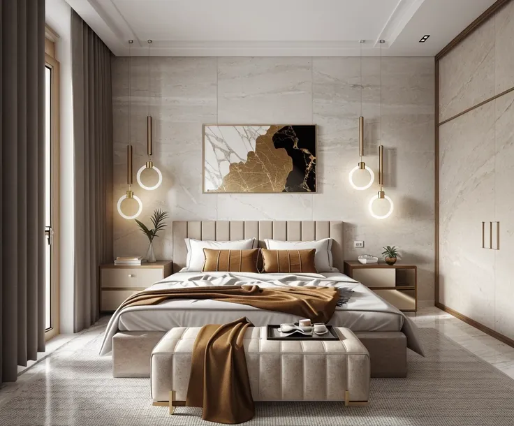 modern bedroom, (supper detail:1.2), brown luxury bed, combo tropical style poter on the wall, marble floor, 1 big abtract poste...