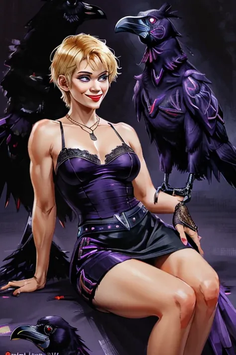 ((playing with a raven:1.4)).Athletic blonde woman, (short hair), tomboy, cute, ((smile)), Red lipstick,necklace, red lace top, black pencil skirt, high heels. Masterpiece, (highly detailed:1.2),(detailed face and eyes:1.2), 8k wallpaper, Moody lighting. c...