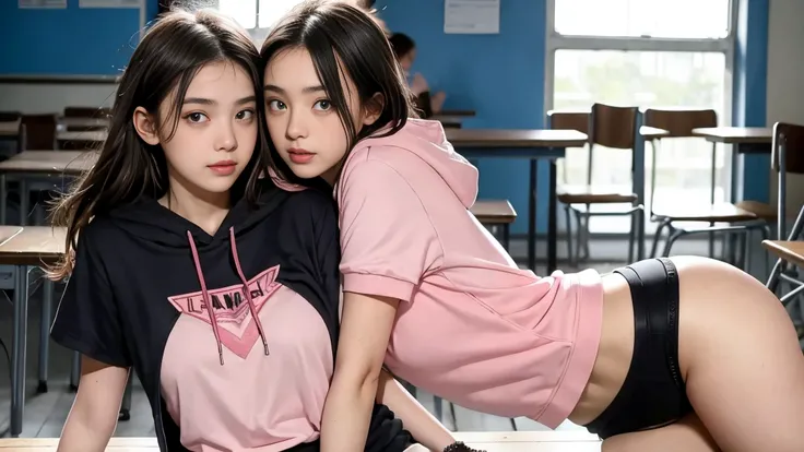 deux femmes ensemble de 18 ans sexy et mince , pink short sleeve hoodie , salle de classe, se touche,position sey,sensuel