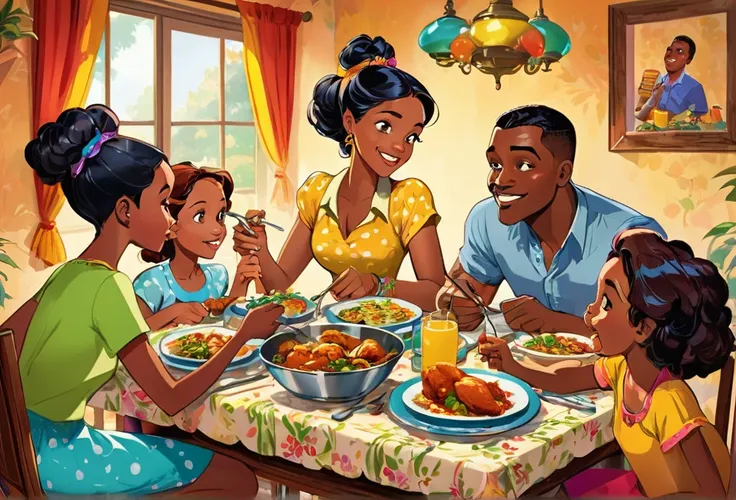 African family eating chicken on their dinning table, father, mother, two grown up teenage boys, and two teenage girls. Very colourful. Detailed. Disney style. (masterpiece best quality:1.2) delicate illustration ultra-detailed,  (disney-related event) ind...