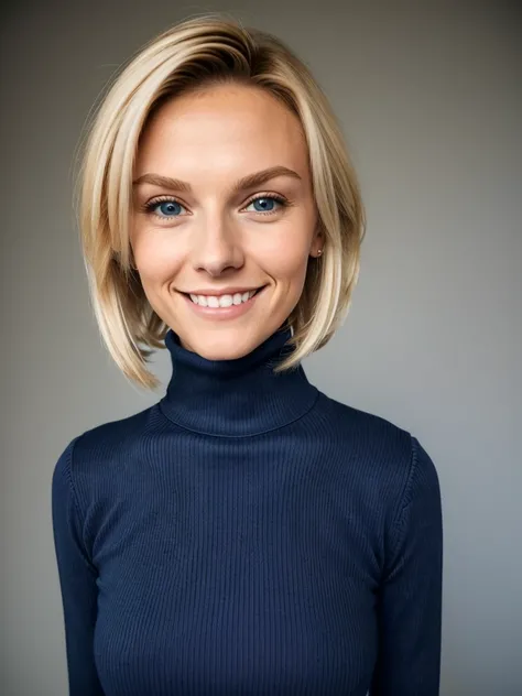 photo of a skinny blonde teen submissive wife, bimbo style hair, She wears: (turtleneck high ribbed dark blue tight sweater:1.1), submissive seductive pose, high tight ribbed neck, seductive smile, perfect fake tits, turtleneck top