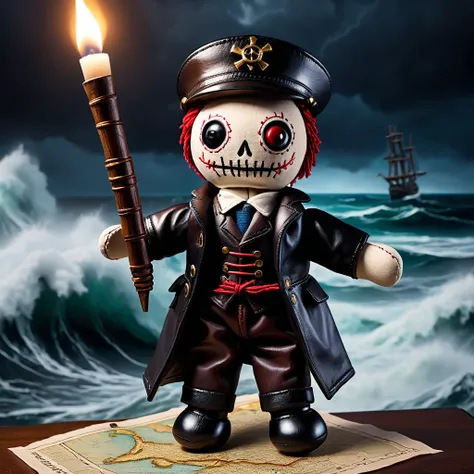 (knitted toy voodoo doll:1.6), (Voodoo Dark Pilot:1.3), (clothes Long leather coat, cocked hat:1.0), (Spyglass, sea map:1.1) (in the background Stormy sea with crashing waves and mysterious ships:1.3), best quality, masterpiece, detailed soft oil painting,...