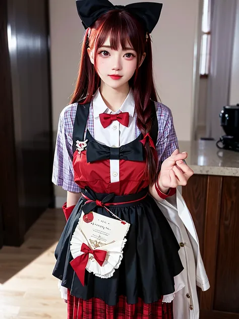 Outrageous, best quality, 1 girl, alone, red hair, purple eyes, long hair, big, Ah Bunny., bow tie, red lozenge, Gakuran, apron, red neck ribbon, red skirt, hair bow, short sleeve, wrist, white thighs, Jingle bell