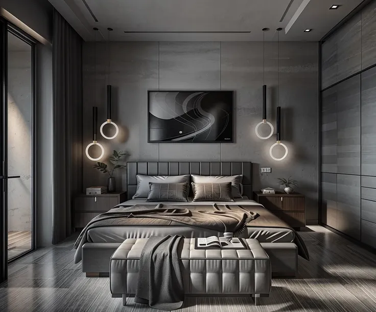 modern bedroom, (supper detail:1.2), brown luxury bed, combo tropical style poter on the wall, marble floor, 1 big abtract poste...