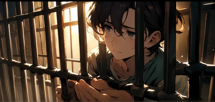 a sad prisoner looks out of his cell through metal bars with his hands on the bars, 4K, ultra HD, artwork