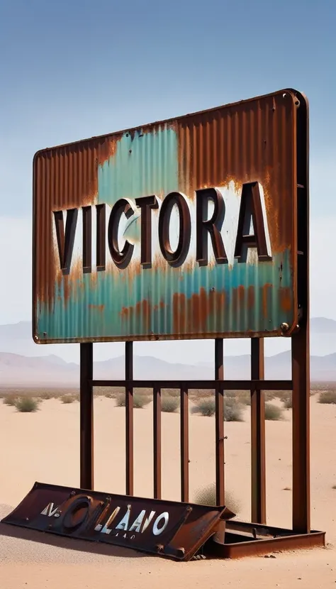 advertising billboard in a desert of rusty metal, some metal letters cover it, ((the text is:"VICTOR OLANO"))