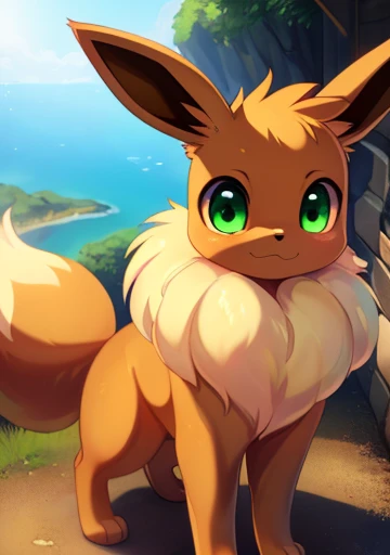 uploaded on e621, ((by Issac Levitan, by Rumiko Takahashi, by Ephraim Moses Lilien, by Hioshiru, by Glacierclear)), solo (quadruped feral:1.4) ((Eevee)) with ((tan body)) and (((black neck tuft))) and (brown fluffy dipstick tail) and ((clear light green ey...