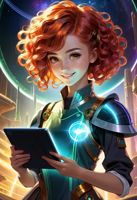 gemtech , Science-Fiction, internal reflections , transparent, inner details , Scholars , scroll, 1 girl,shorth hair, curly fire hair, glowing eyes, smile ,closed mouth, multi-colored hair, hold a tablet PC