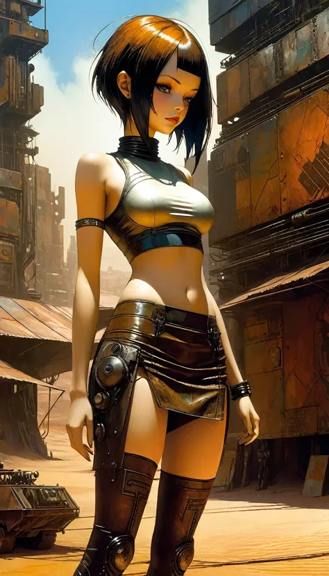 a girl in a leather miniskirt and tight tank top,pronounced nipples,advertising signs in the desert,rusty smooth metal panels with screwed and welded parts,in the distance can see a futuristic city,(best quality,4k,8k,highres,masterpiece:1.2),ultra-detaile...