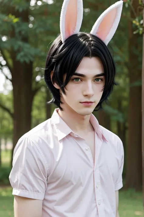 Pretty anime boy with black hair and green eyes, pale skin, pink lips, and has bunny ears.