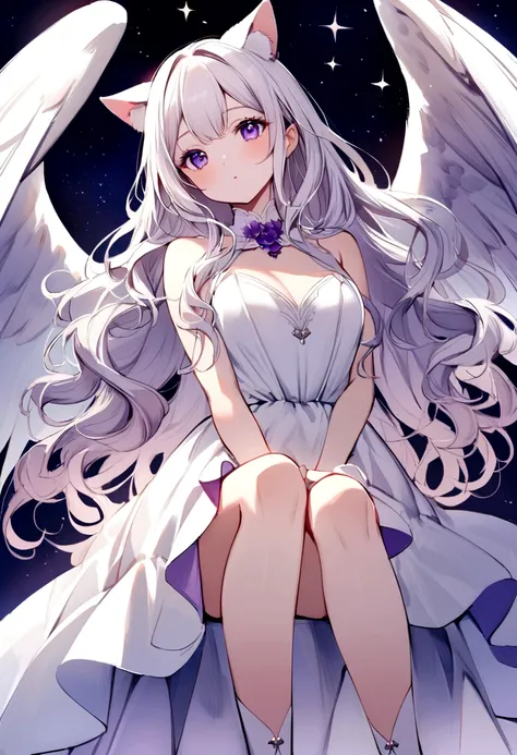 Like a watercolor,View from chest up,A delicate and elegant girl, Long wavy hair that reaches the knees,White hair is very attractive, Detailed and precise manual work, Attractive girl, White cat ears, look at me, Purple eyes and white eyelashes,Her cheeks...