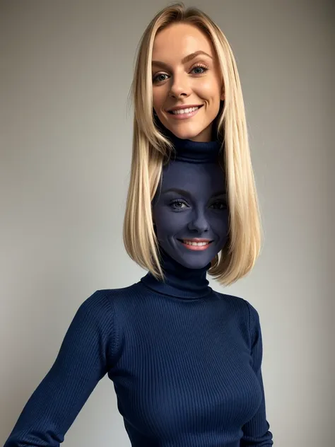 photo of a skinny blonde pornstar, She wears: (turtleneck high ribbed dark blue tight sweater:1.1), submissive seductive pose, high tight ribbed neck, seductive smile, perfect fake tits, turtleneck top