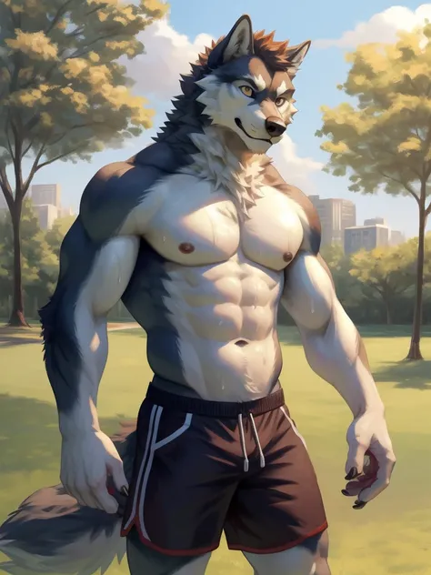 masterpiece, best quality, furry, wolf, handsome, sweaty, bright pupils, athletic, topless,shorts, standing, mid day, park, on field background 