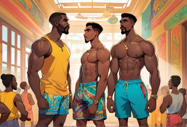 Three men standing, African, wearing only shorts, one is muscular, one is thin, and the third is very thin and weak. Standing away from eachother, No background, detailed illustration, Disney style. Flat colours. colourful. Fair skinned, good details,  (ma...