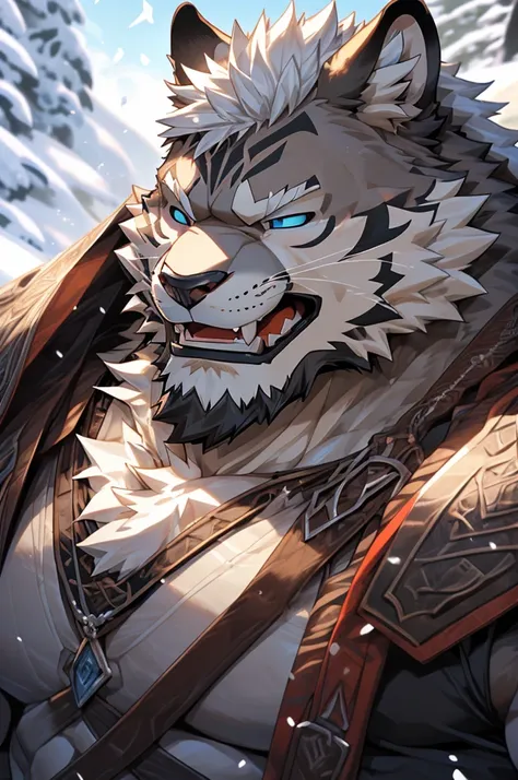 head、Animal cat face、Full body of fluffy white hair、Heavy breathing、Gnashing of teeth,Serious expression,muscular、Leather Armor，Viking style，wildcat、blue eyes，(contour）全身覆盖着长long白色毛发、Hairy body、long, Thick chest hair、Severe pubic spasm，，Fangs、Ultra-clear。H...