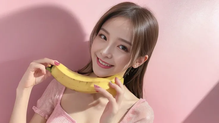 (Delicate face), (different face), (movie lighting), (ray tracing), (studio), (pink background), (textured skin), (4K), (best picture quality), (youthful vitality), (masterpiece), (detail), (full body), lively girl holding a banana, smiling at the screen i...