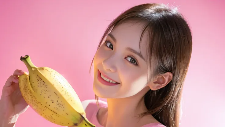 (Delicate face), (different face), (movie lighting), (ray tracing), (studio), (pink background), (textured skin), (4K), (best picture quality), (youthful vitality), (masterpiece), (detail), (full body), lively girl holding a banana, smiling at the screen i...