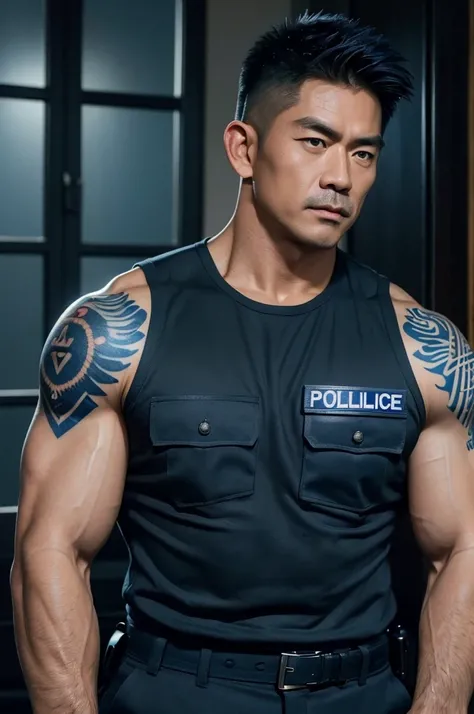 ((best quality)), ((masterpiece)), (detailed), 8K, HD, very masculine, ruggedly handsome 40 year old filipino man, muscular bodybuilder, (((dark blue police uniform))), kissing an extremely handsome japanese man with oriental tattoos, gay, homoerotic, very...