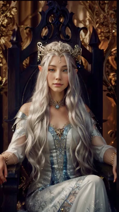 A lady sitting on a throne，Close-up of a crowned head, ((Beautiful fantasy queen)), Silver-haired Elf Queen, portrait of an Fairy Queen, beautiful Elf Princess, Fairy Queen Galadriel, Beautiful fantasy queen, beautiful and elegant Fairy Queen, Elf Princess...