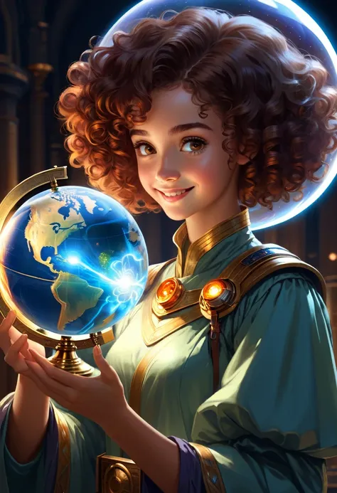 gemtech , Science-Fiction, internal reflections , transparent, inner details , Scholars , scroll, 1 girl,shorth hair, curly  hair, glowing eyes, smile ,closed mouth, fire von hair  hair, hold a globe 