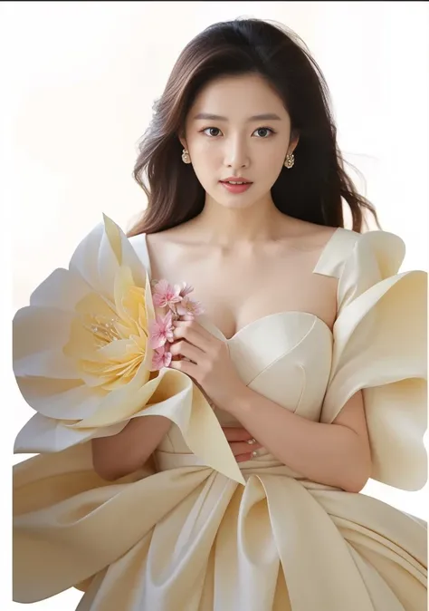 pink background,  arafed woman in a white dress with large flowers on her dress,, inspired by Liu Haisu, made of silk paper, robe. extremely high details, floral couture, inspired by Ruan Jia, flowing gown, dressed beautiful gown, intricate gown, sha xi, i...