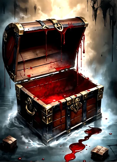 draw a scene where a treasure chest is placed in a dimly lit place,(mimic chest,treasure chest,there are blood stains on it),add...