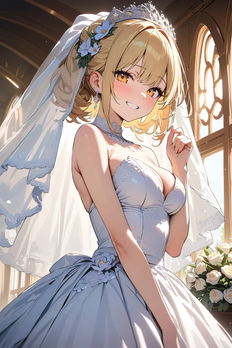 (masterpiece, best quality:1.5), (ultra detailed, high resolution, 8k, beautiful detailed, UHD, best anatomy), 1 cute girl, blonde hair, medium breasts, wedding dress, bridal veil, flower, wedding hall, Happy face