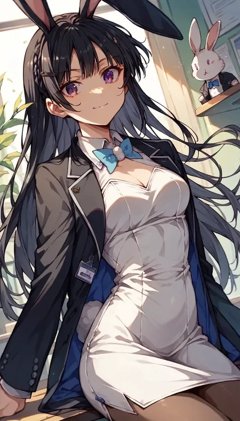 maisakurajima, Mai Sakurajima, long hair, bangs, (black hair:1.5), hair ornaments, (purple eyes:1.1), hair clip, rabbit hair ornaments,blue eyes, medium chest , OL, Fundo, black suit jacket, collared jacket, white dress shirt, collared shirt, neckline, but...