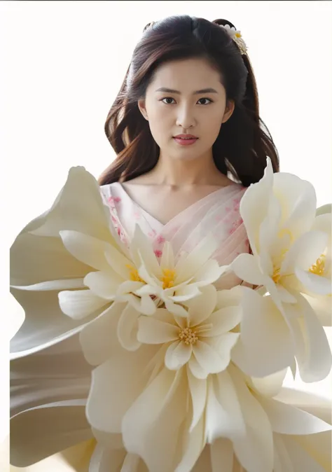 pink background,  arafed woman in a white dress with large flowers on her dress,, inspired by liu haisu, made of silk paper, rob...