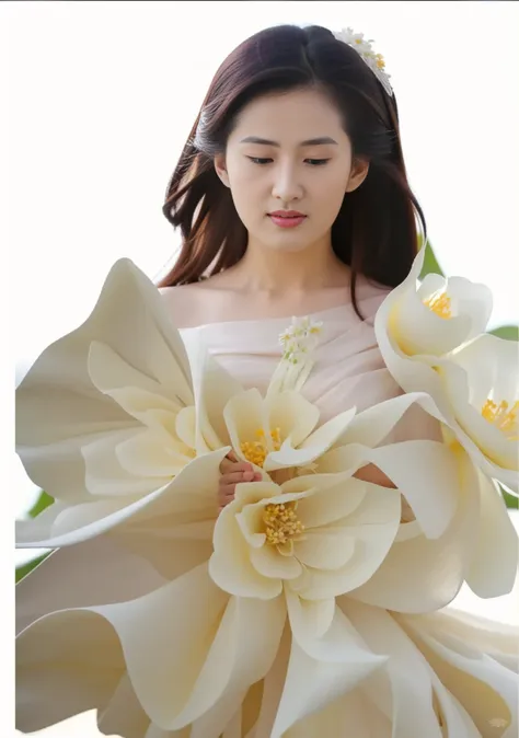 pink background,  arafed woman in a white dress with large flowers on her dress,, inspired by liu haisu, made of silk paper, rob...