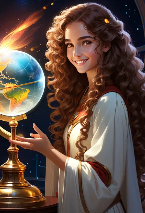 gemtech , Science-Fiction, internal reflections , transparent, inner details , Scholars , scroll, 1 girl,long  hair, curly hair, glowing eyes, smile ,closed mouth, fire von hair hair, hold a globe