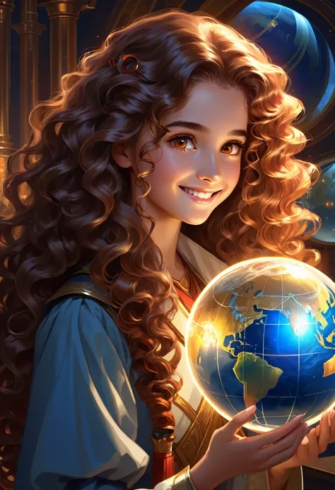 gemtech , Science-Fiction, internal reflections , transparent, inner details , Scholars , scroll, 1 girl,long  hair, curly hair, glowing eyes, smile ,closed mouth, fire von hair hair, hold a globe