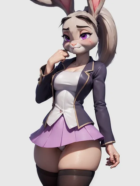 best quality,
masterpiece,
3D anime,
(((solo))),
(((1girl))),
(((Face is JudyHopps))),
(long ears like a rabbit:0.8),
Heir is in a ((ponytail)) style,
bang is feather ((bangs)),
((Her eyes color is purple)),
6.5 head and body,
office suit,
office business ...