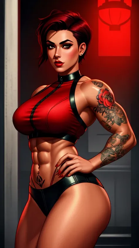 a butch girl with short hair, muscular figure, tattoos,wearing a red and black pinup style outfit, posing confidently, dramatic lighting, cinematic, highly detailed, photorealistic, 8k, best quality, masterpiece