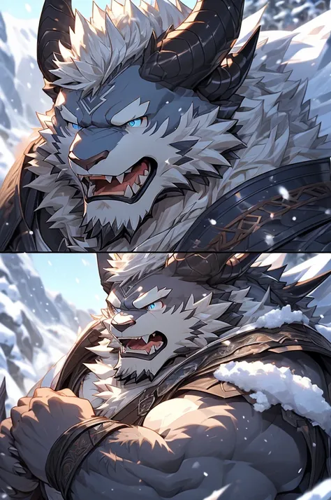 head、Animal cat face、A pair of dragon horns，Fluffy white hair all over the body、Heavy breathing、Gnashing of teeth,Angry expression((Ultra HD close-up:1.4)),muscular、Leather Armor，Viking style，wildcat、blue eyes，(contour）全身覆盖着长long白色毛发、Hairy body、long, Thick...